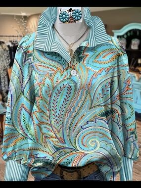 Vibrant Turquoise Paisley Long sleeve Blouse